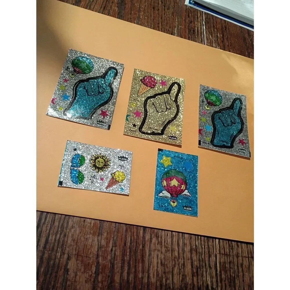 Lot of 5 Fleer Glitter Sticker Sheets Vintage 1980s Card Size and Smaller